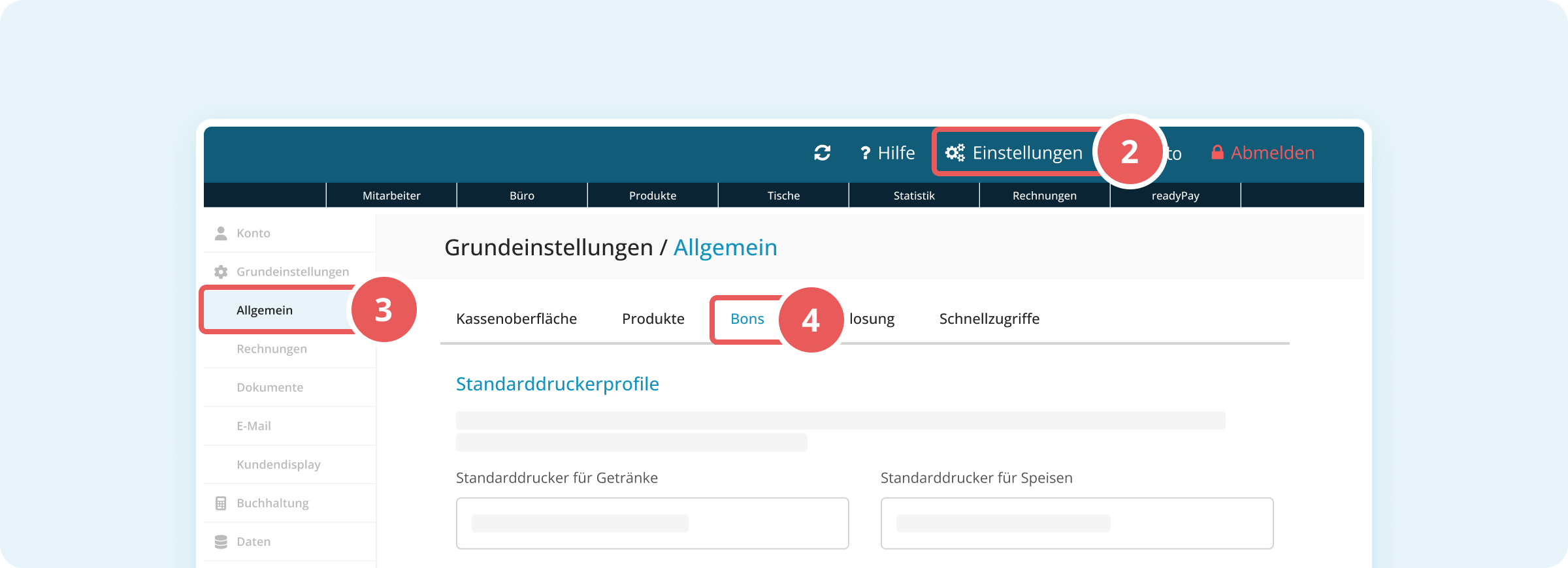Bon-Einstellungen in der Verwaltungsoberfläche
