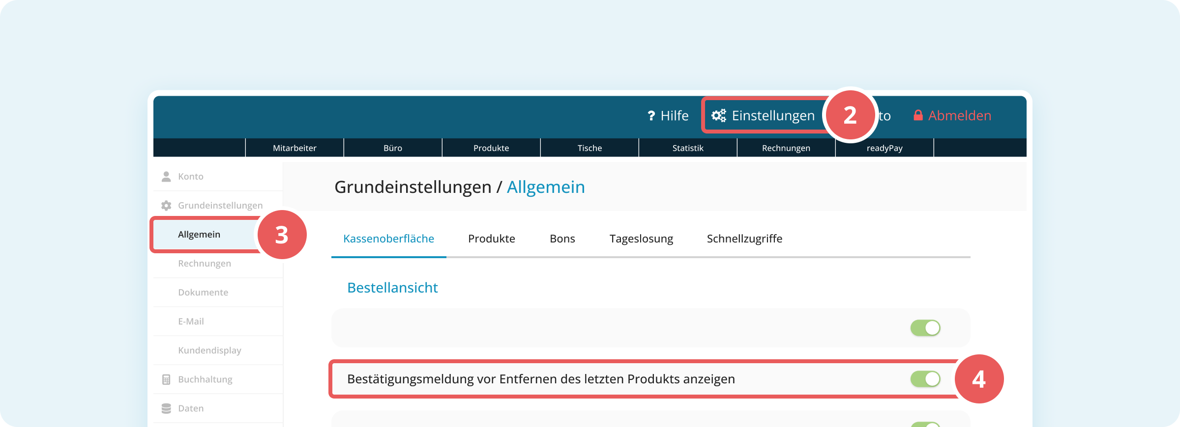 Einstellung der Bestätigungsmeldung für das Entfernen des letzten Produkts
