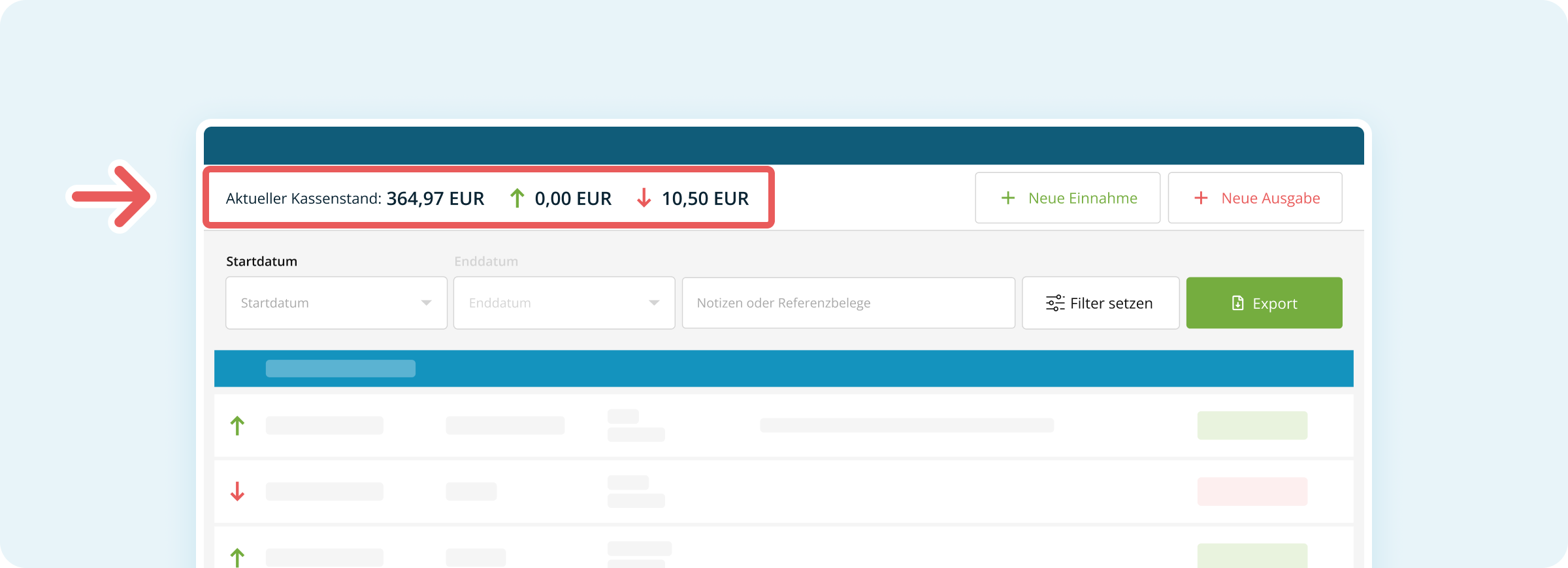 Anzeige des Kassenstands im Kassenbuch