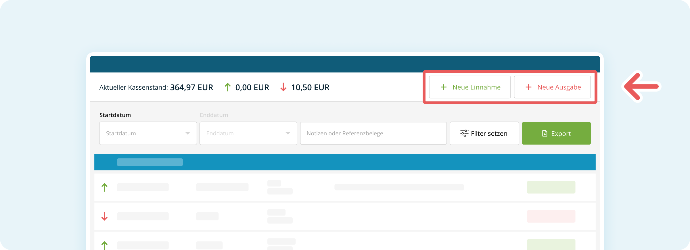 Buttons oben rechts im Kassenbuch