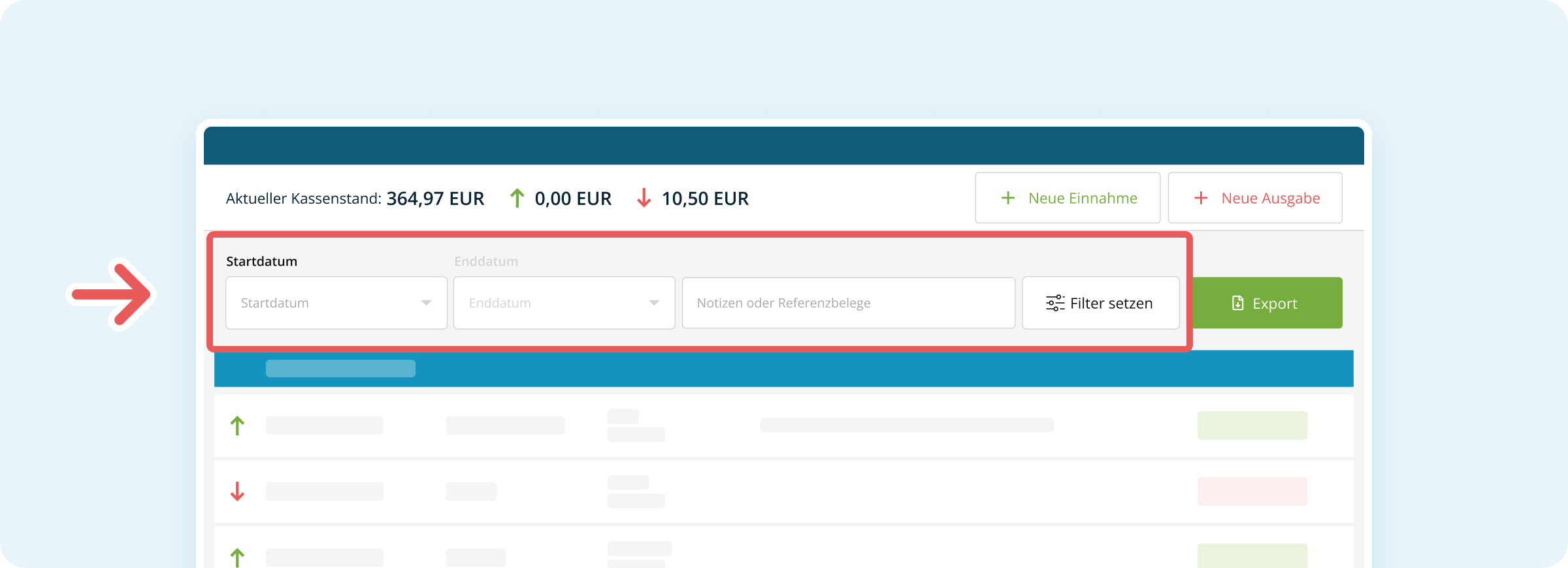 Zeitraum und Filter im Kassenbuch