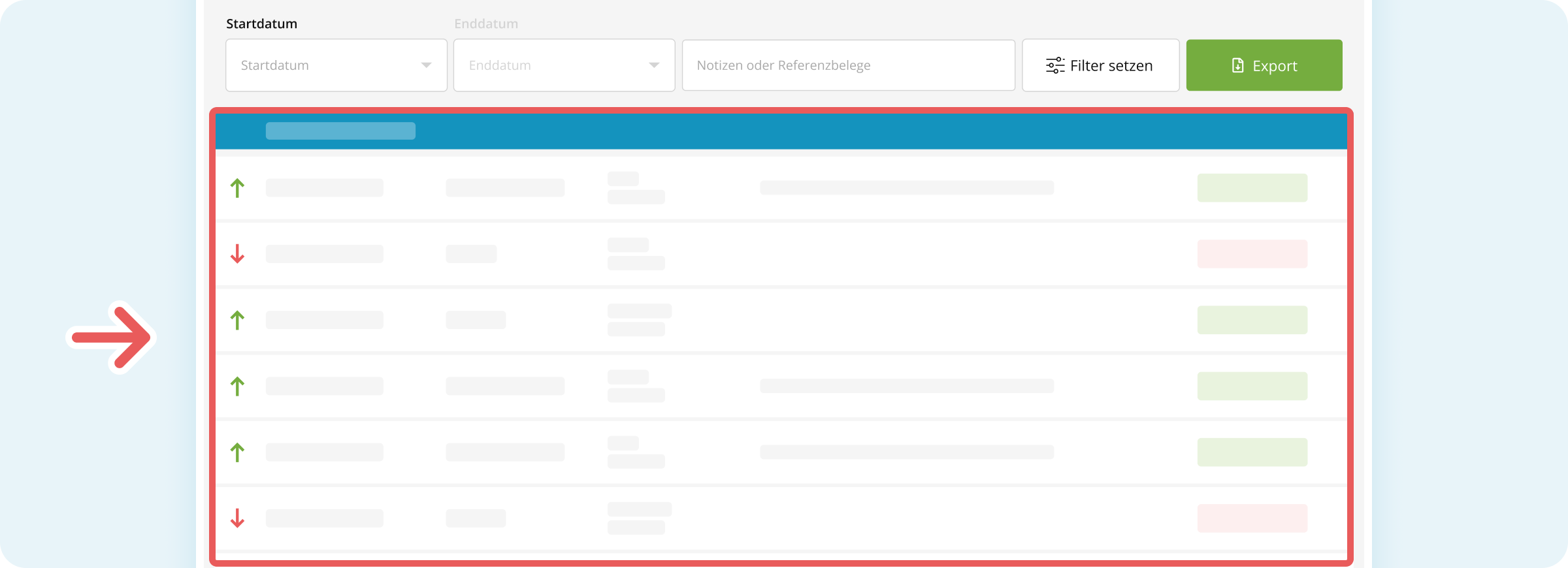 Transaktionsliste im Kassenbuch