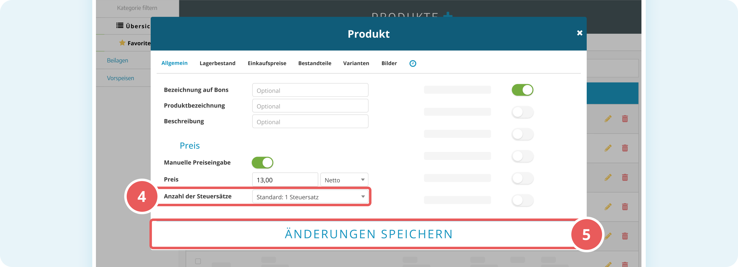 Kostenstelle bei Produkt hinterlegen