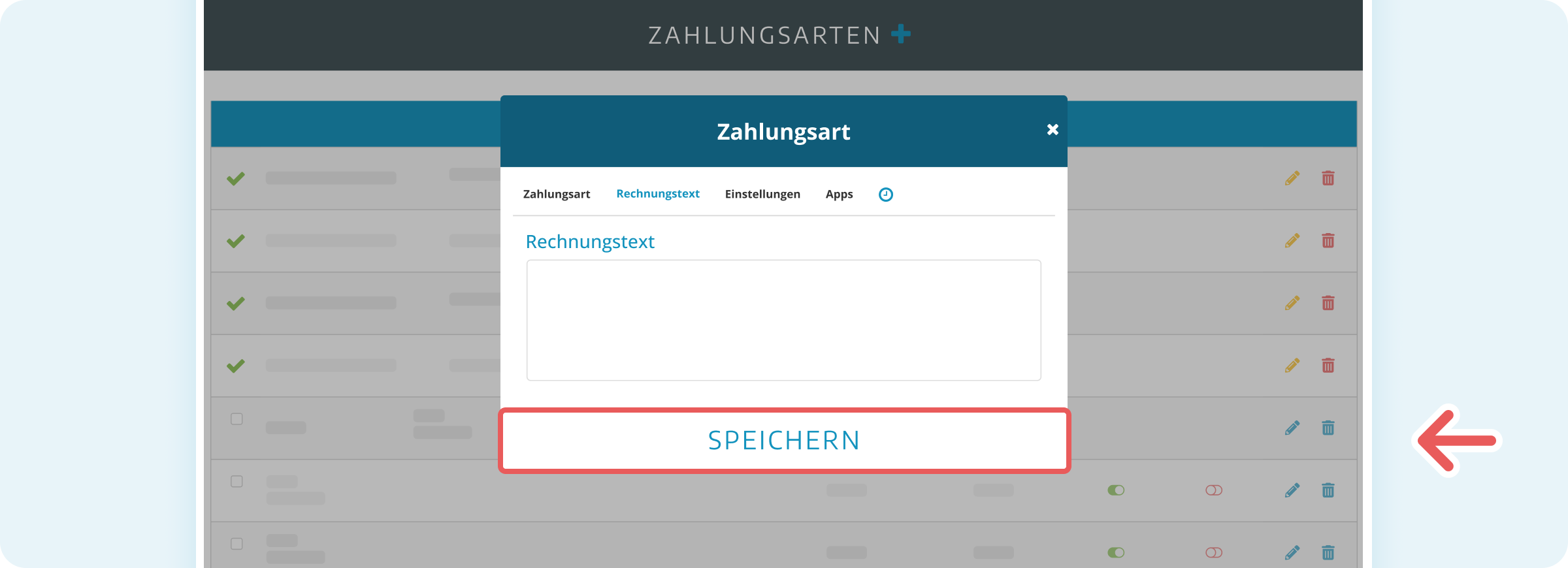 Rechnungstext einer Zahlungsart bearbeiten