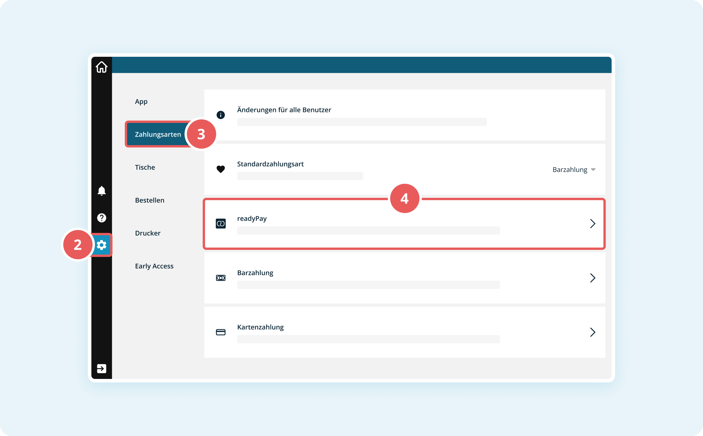 Navigation zu readyPay-Einstellungen in der Kassenoberfläche