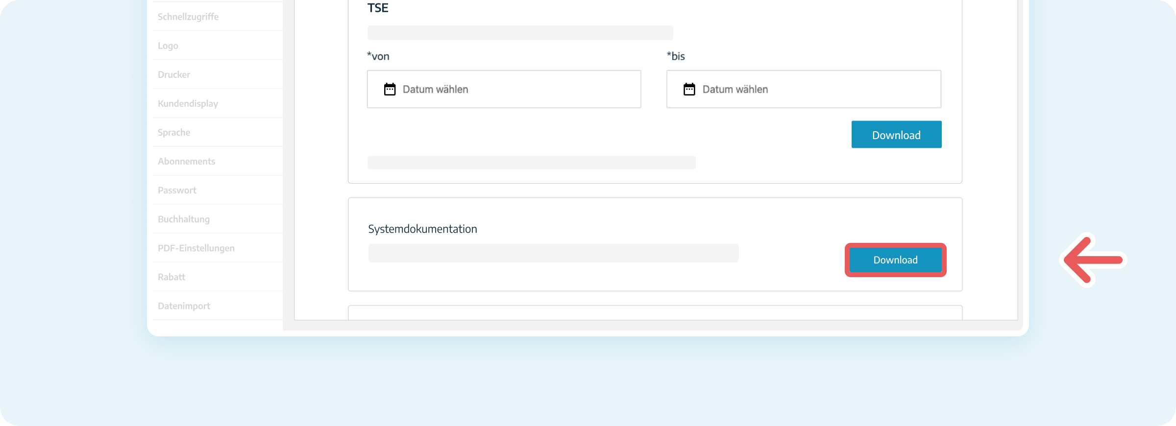 Screenshot des Exporte-Bereichs mit Systemdokumentation