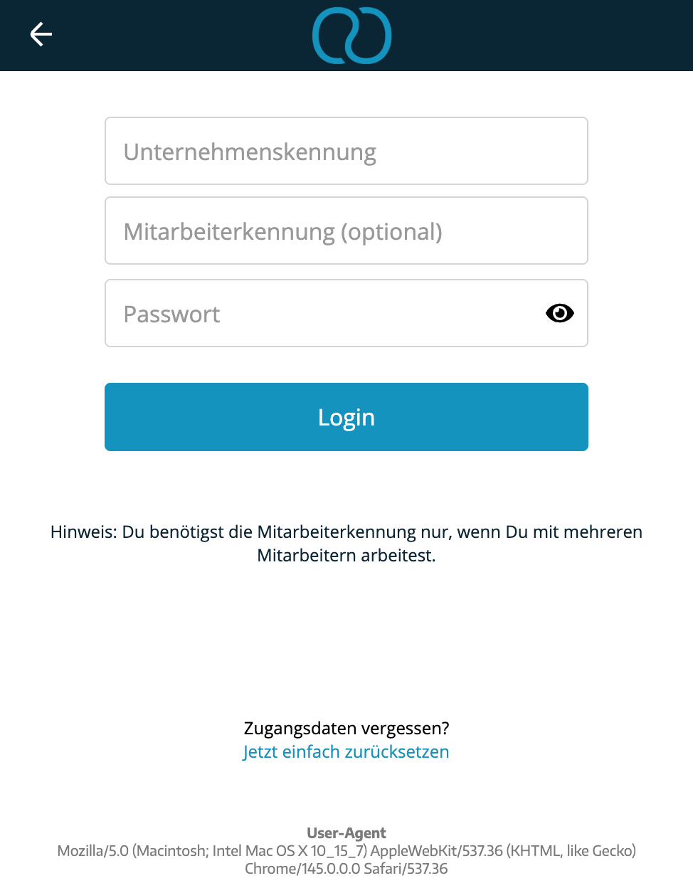 Login-Felder der Kassenoberfläche