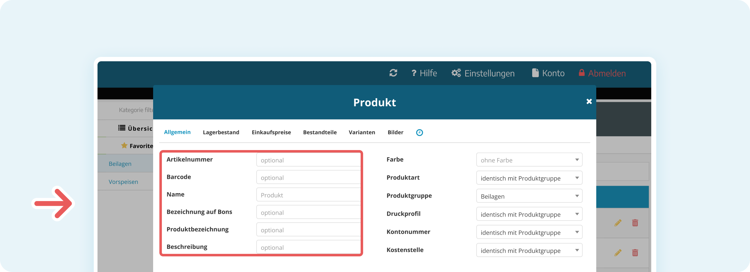 Linker Bereich des Tabs Allgemein eines Produkts