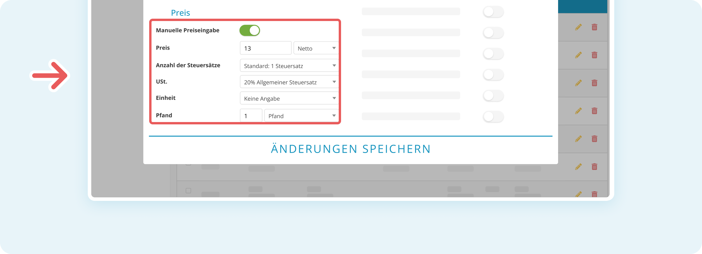 Linker unterer Bereich des Tabs Allgemein eines Produkts