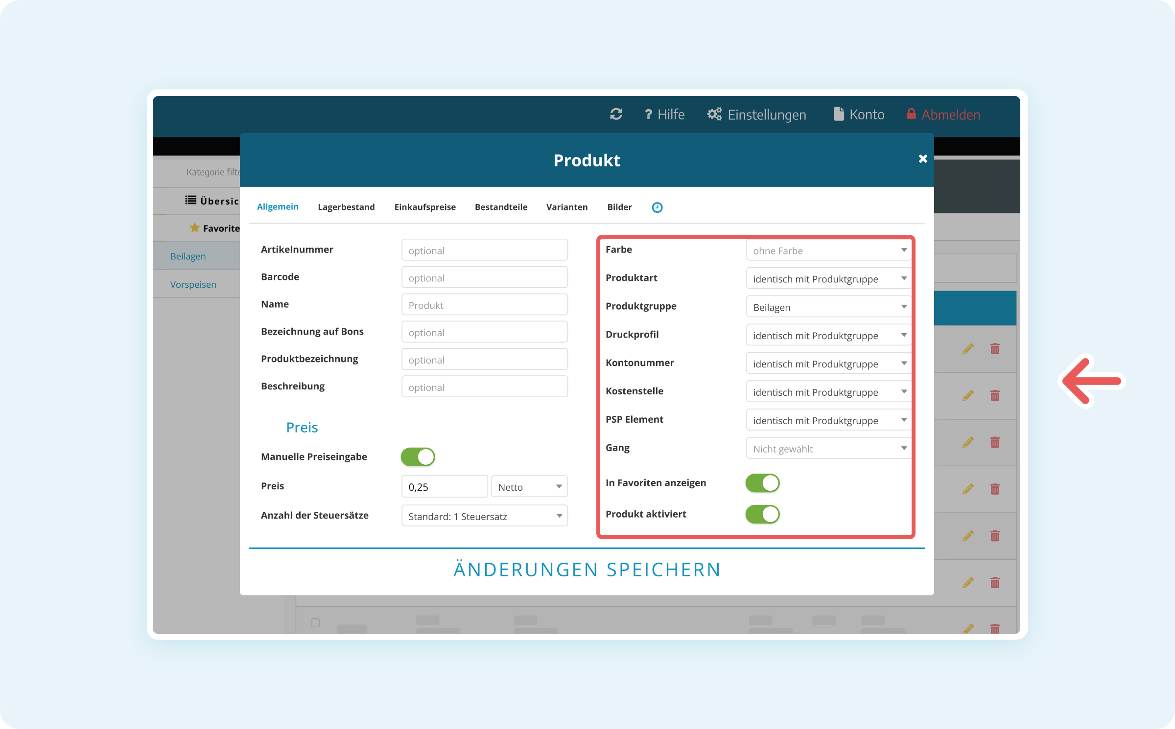 Rechter Bereich des Tabs Allgemein eines Produkts