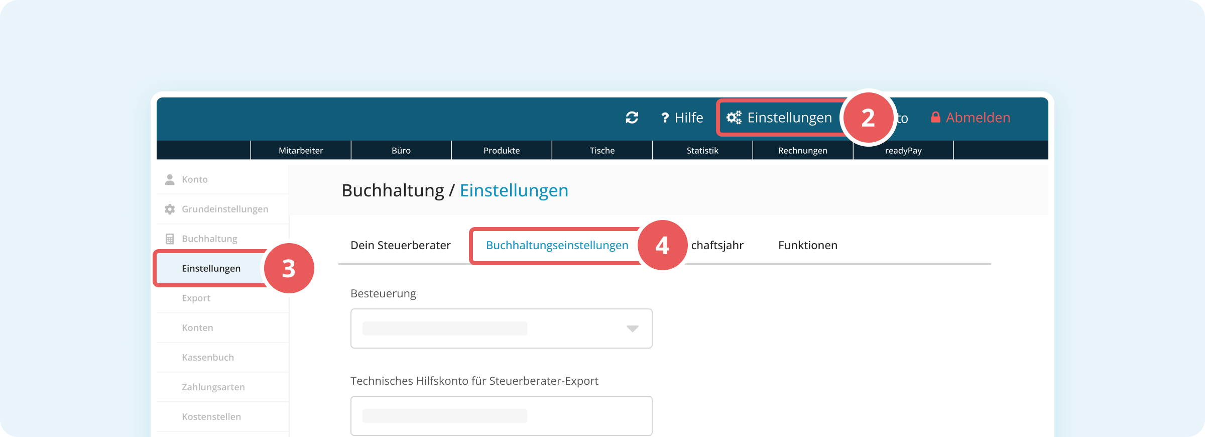 Buchhaltungseinstellungen in der Verwaltungsoberfläche