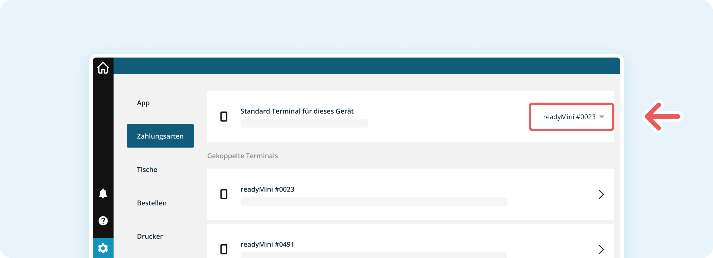 Auswahl des readyPay-Terminals, das vom Eingabegerät angesprochen werden soll