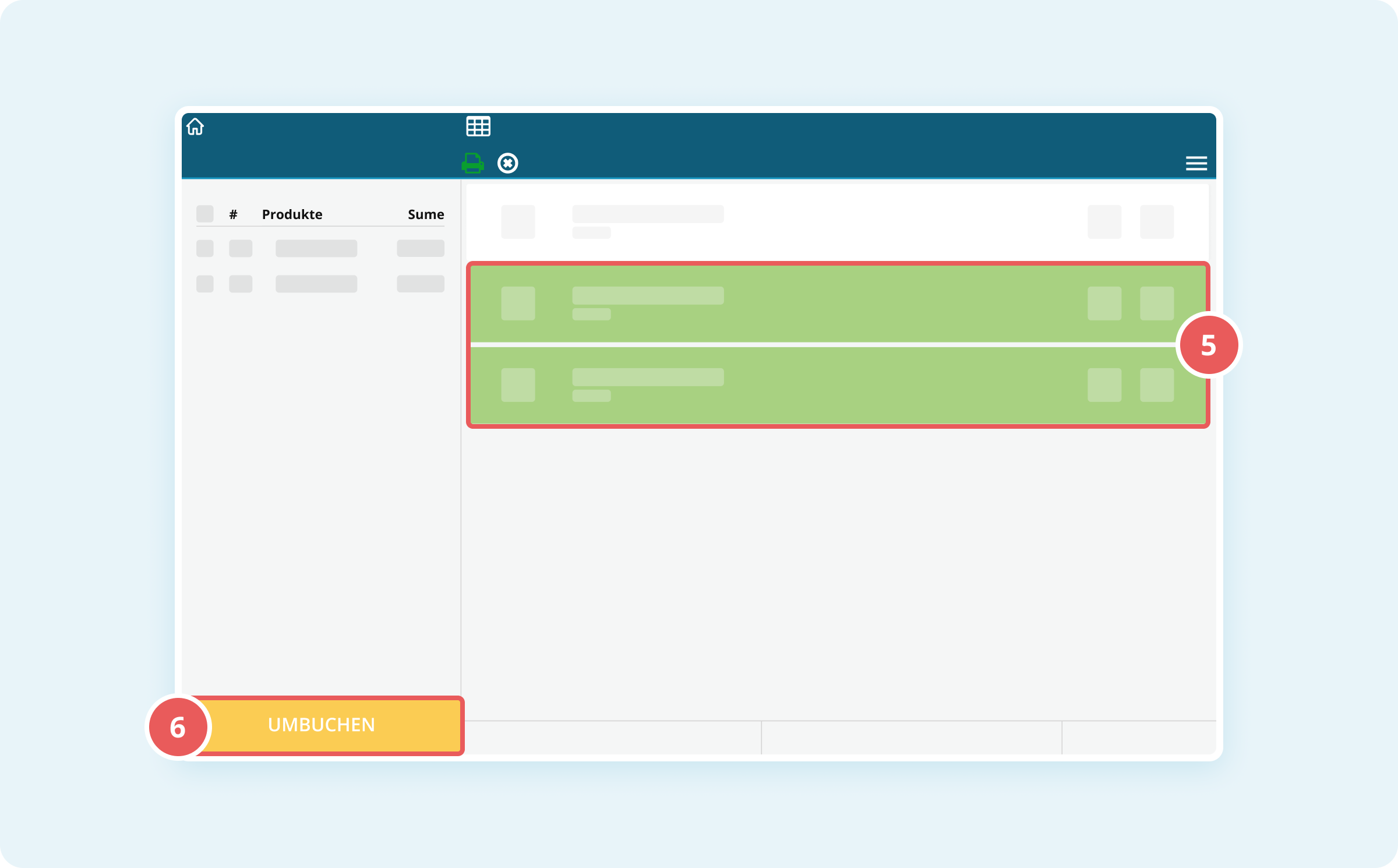 Produkte zum Umbuchen auswählen und bestätigen
