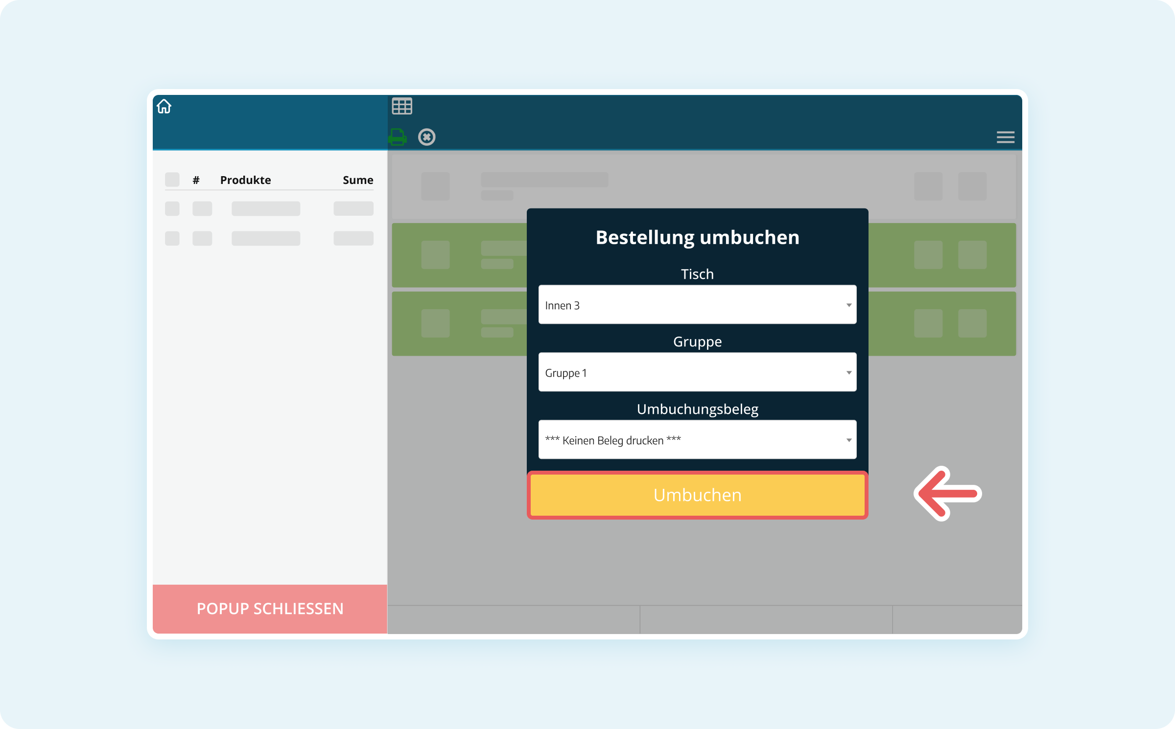 Gruppe und Tisch zum Umbuchen auswählen