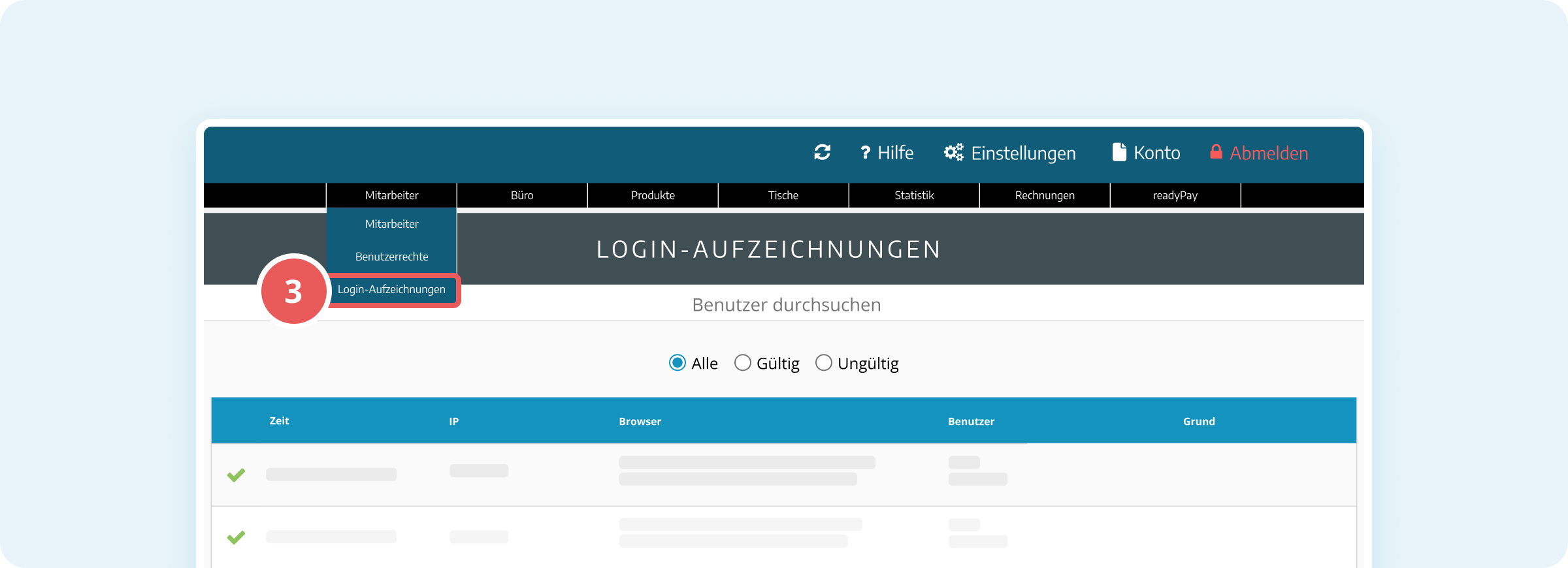 Navigation zu den Login-Aufzeichnungen in der Verwaltungsoberfläche