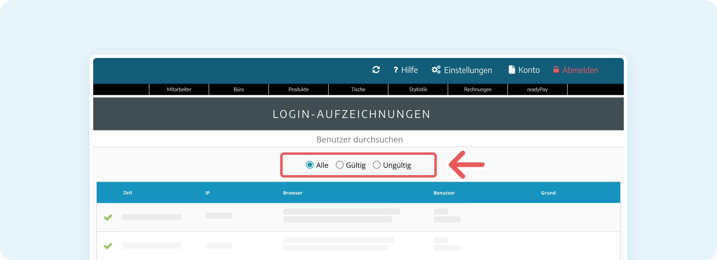 Filtern der Login-Aufzeichnungen