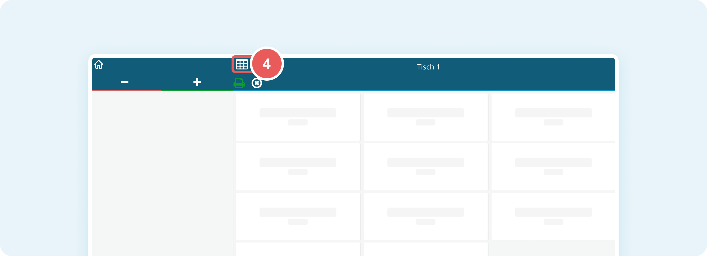 Screenshot der Bonierungsansicht mit Tischansicht-Symbol zum Zurückkehren