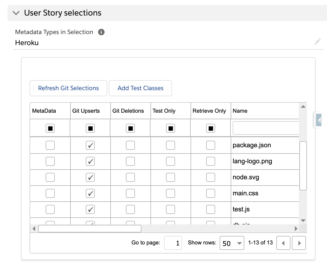 Metadata Selections grid