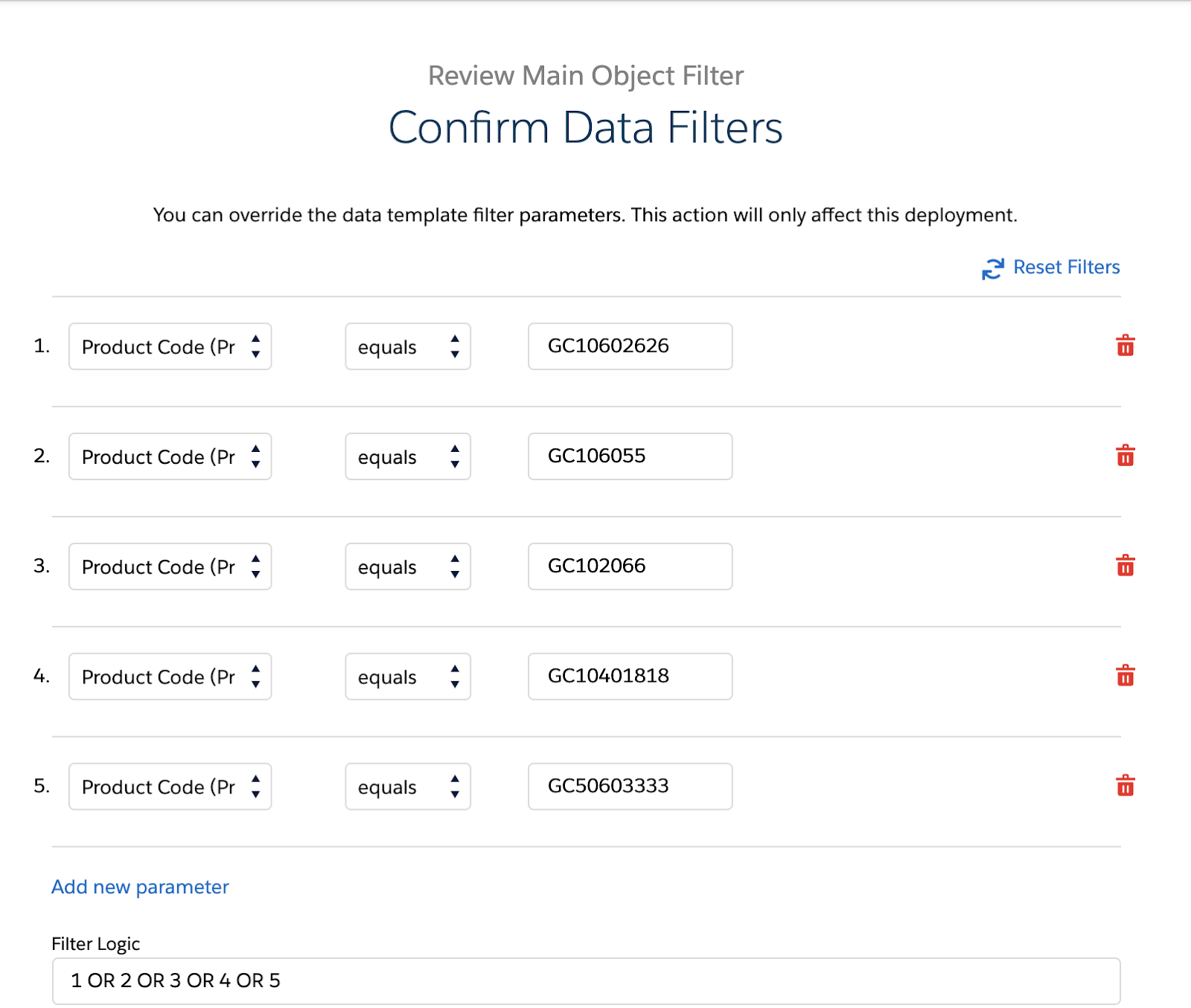 Data filters confirmation screen