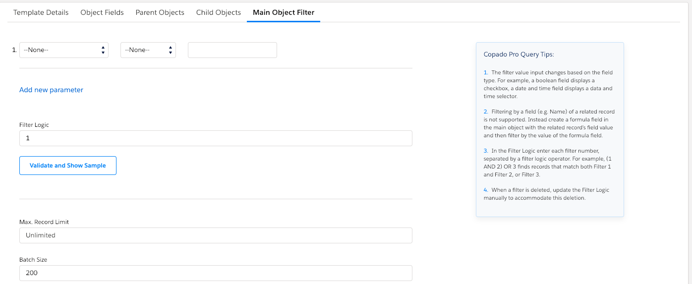 Main Object Filter tab