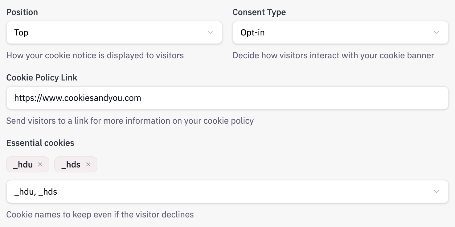 The Data protection section with _hdu and _hds added under Essential cookies