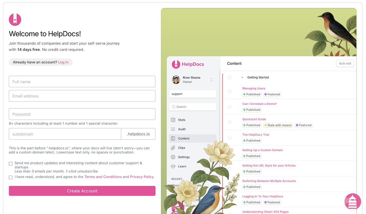 HelpDocs signup page