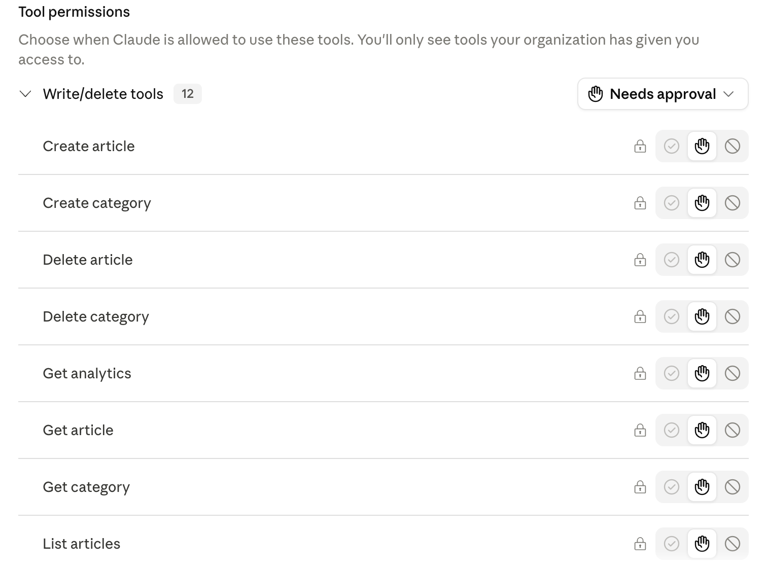 Screenshot of Claude tool permissions for MCP