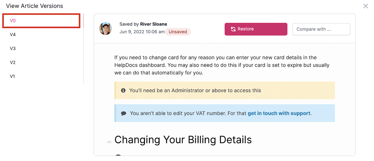 Versioning modal showing V0 highlighted in red and the version 0 article on the right