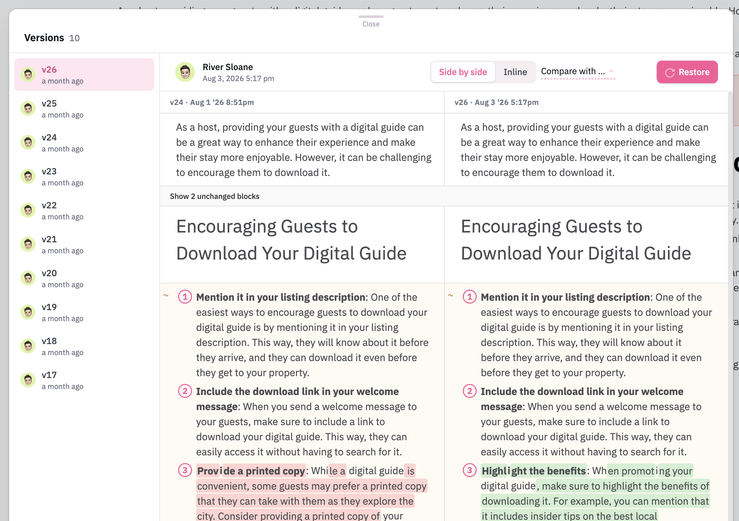 Side-by-side article version comparison in HelpDocs showing additions and deletions