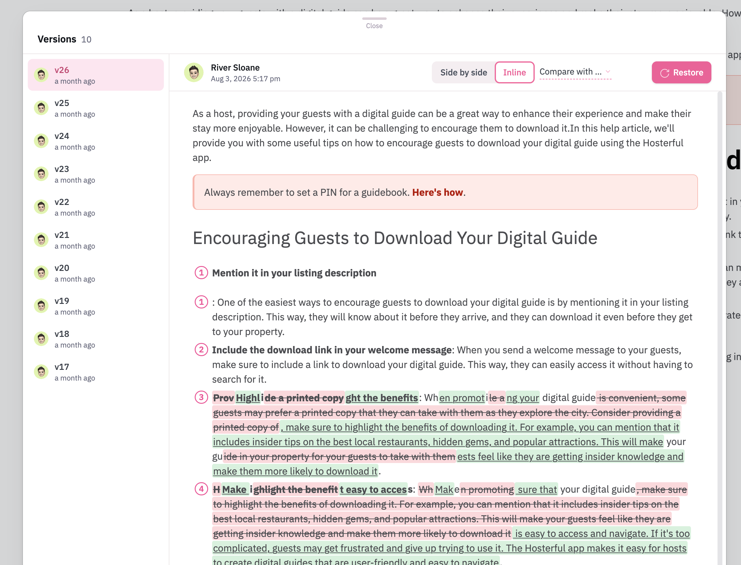 Article version history interface showing inline text comparisons with green and pink highlights