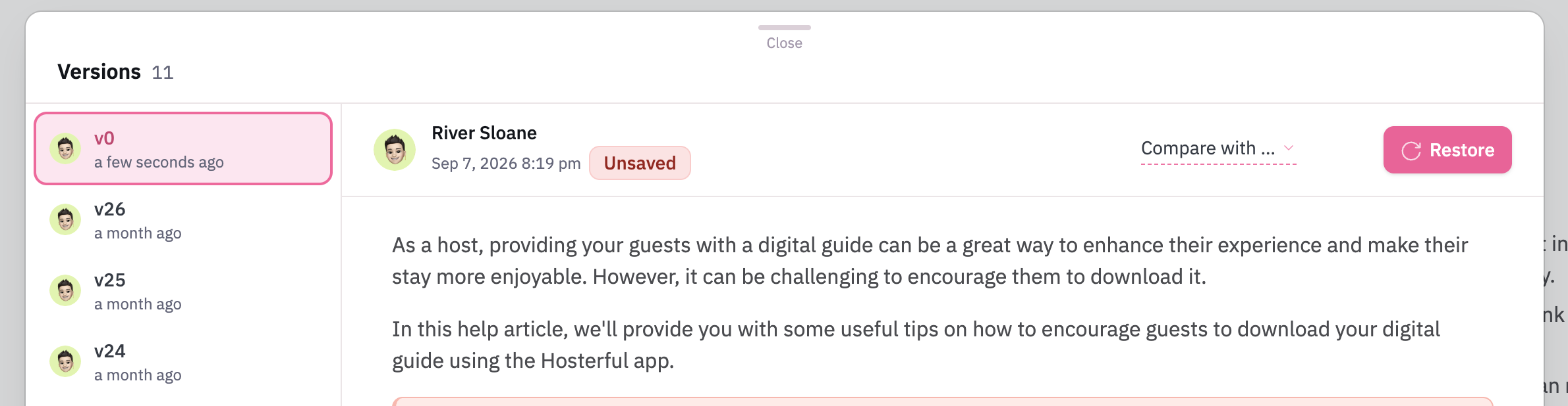 Article version history panel displaying past revisions, unsaved changes tag, and a Restore button.