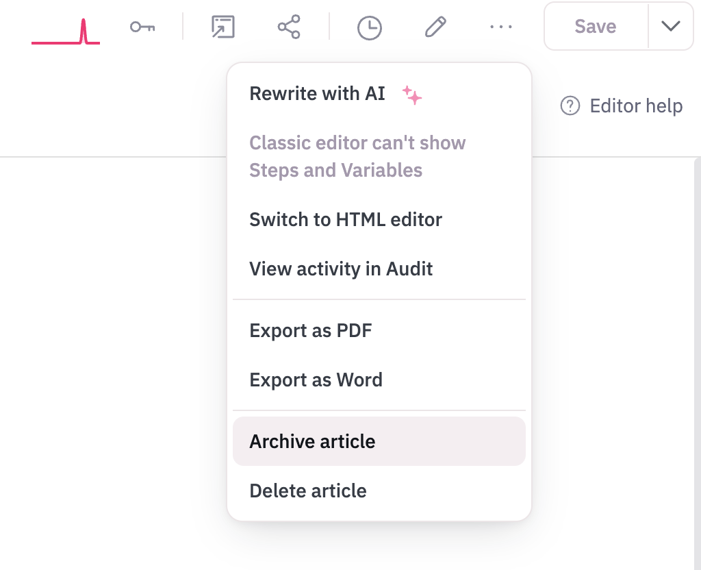 Article editor dropdown menu highlighting the Archive article option.