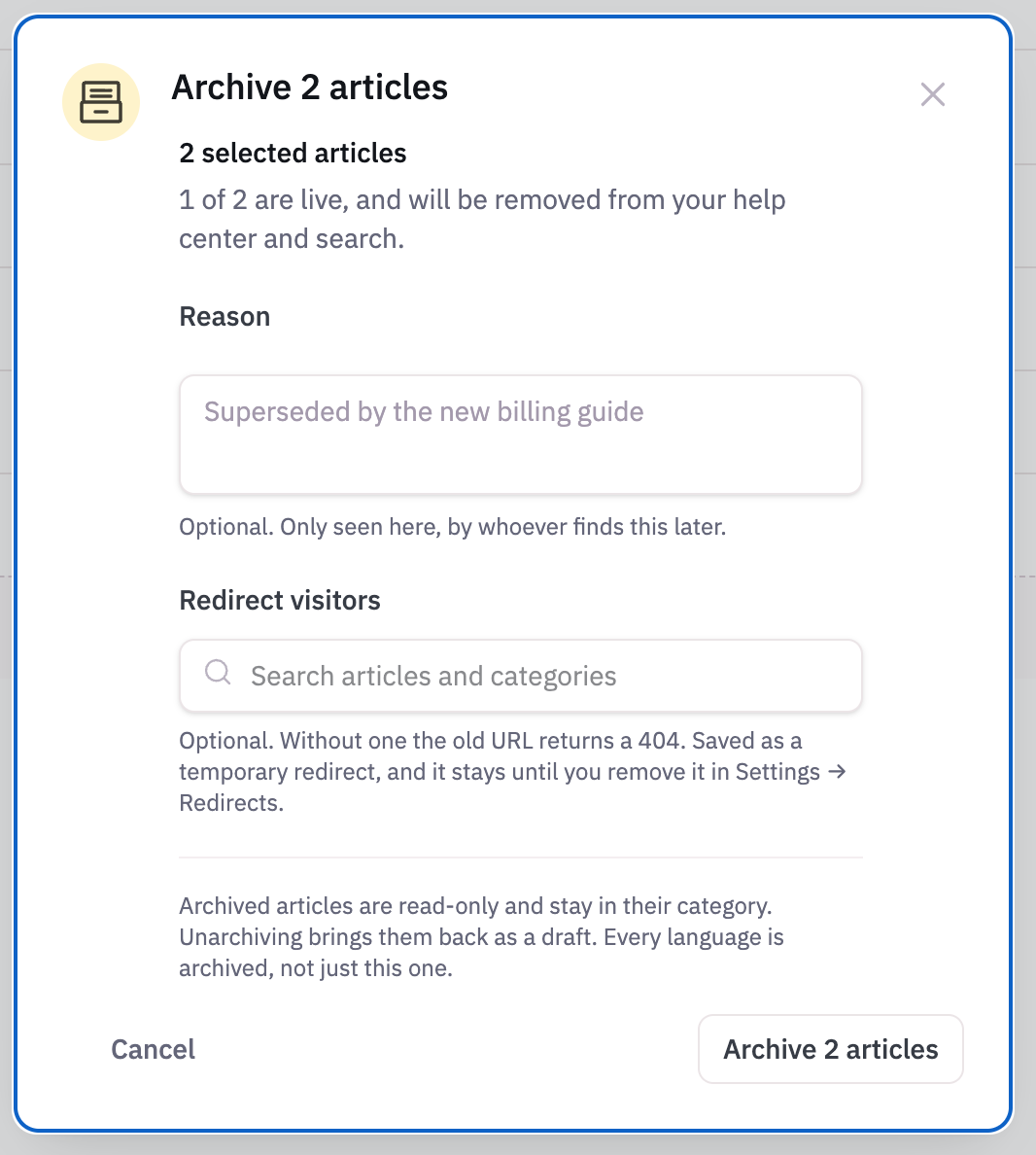 Modal window with options to add a reason and set redirects before archiving articles.