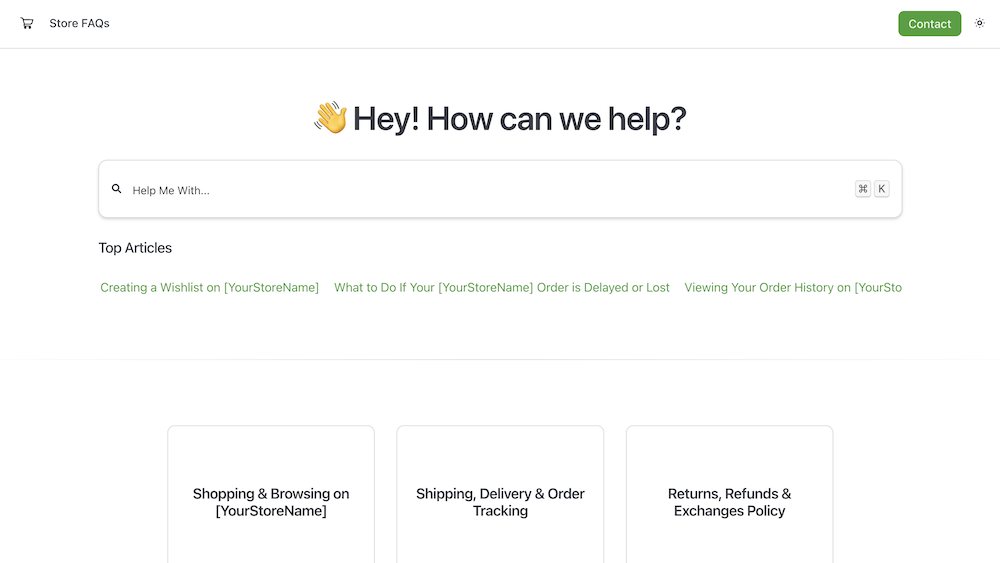HelpDocs Knowledge Base landing page with search bar and article suggestions.