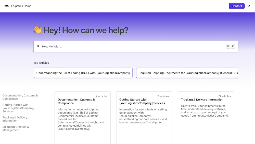 Customer support interface with search bar and article suggestions.