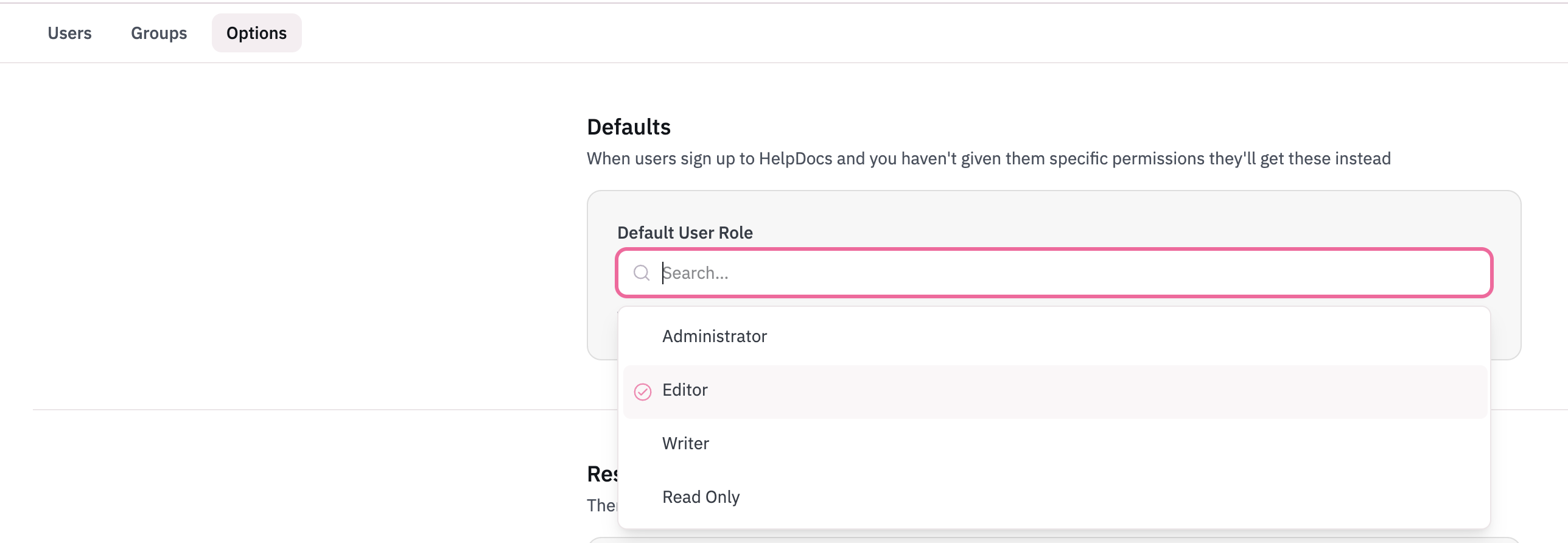 Dropdown menu showing Default User Role options in HelpDocs settings.