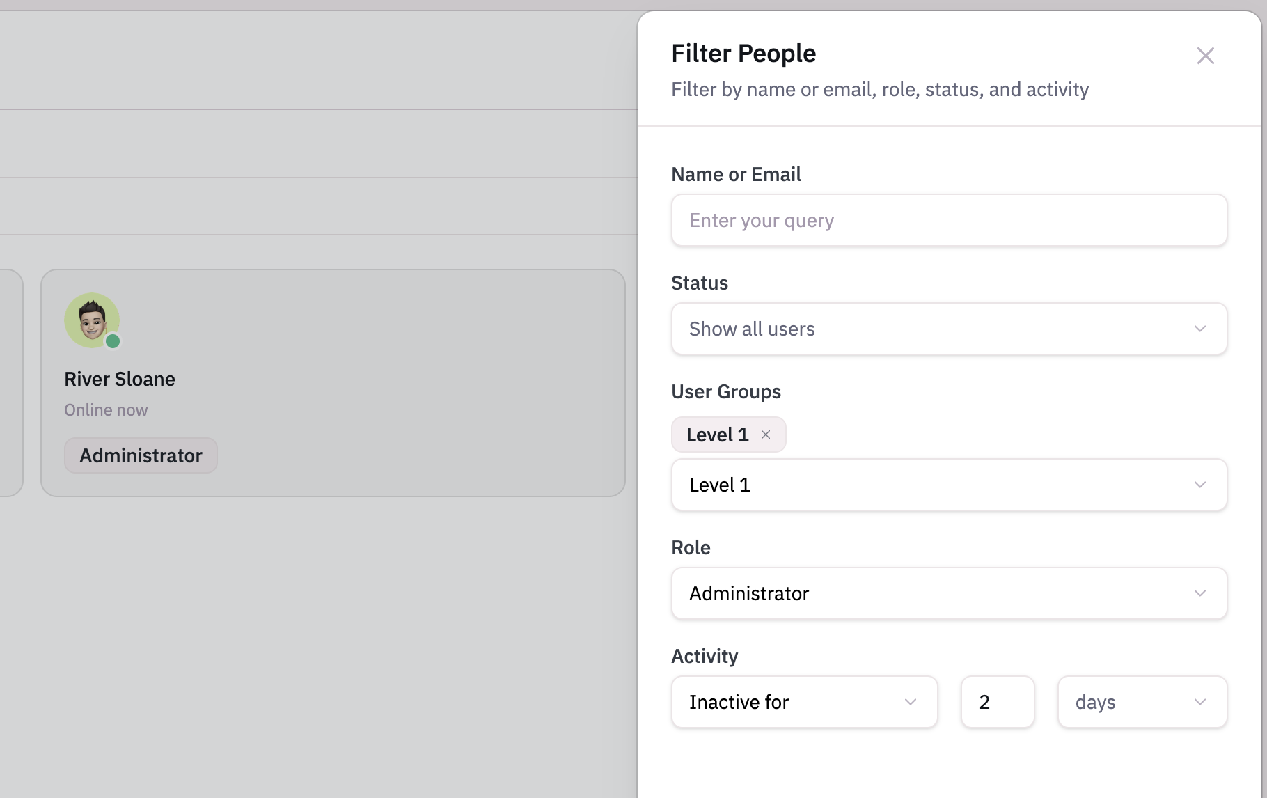 Filter People sidebar panel with dropdowns for name, status, user groups, role, and activity