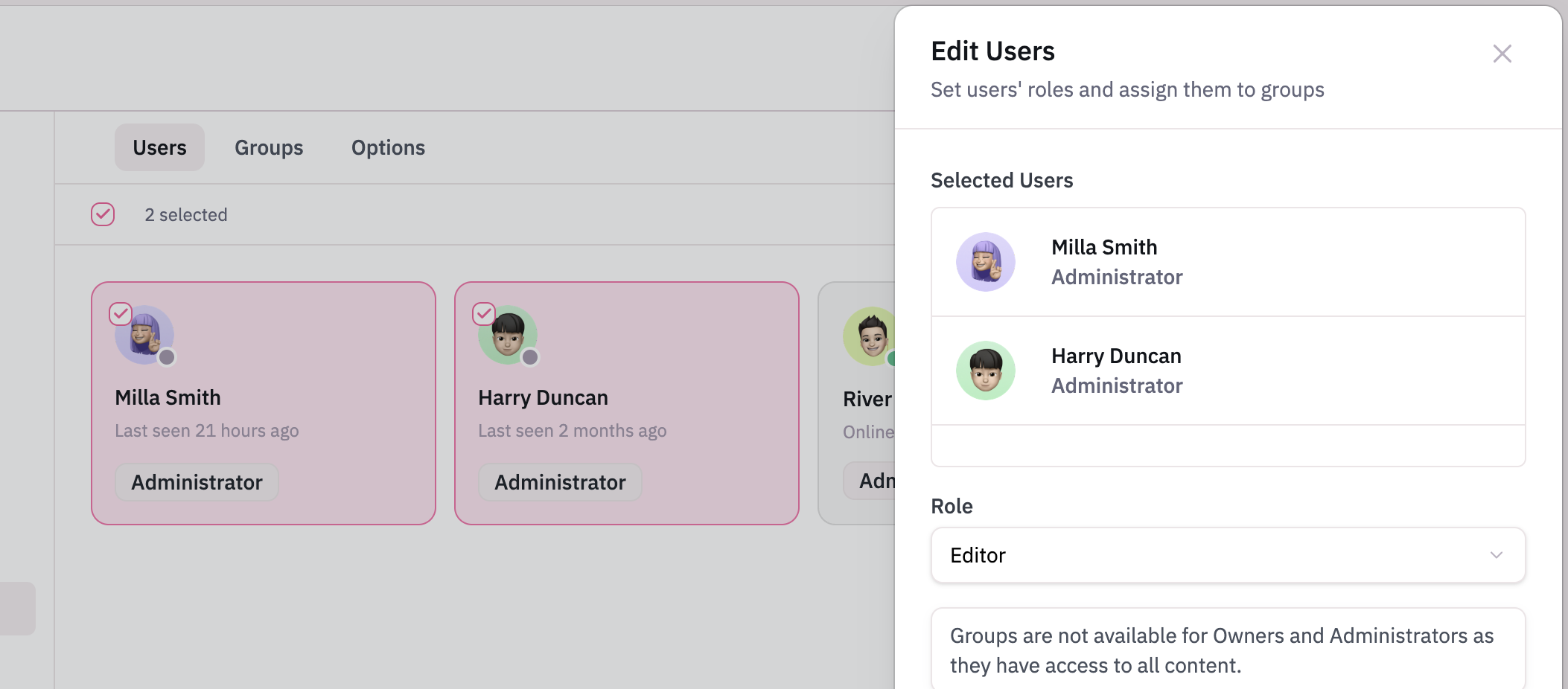 Edit Users modal in HelpDocs showing two selected team members and a role dropdown.