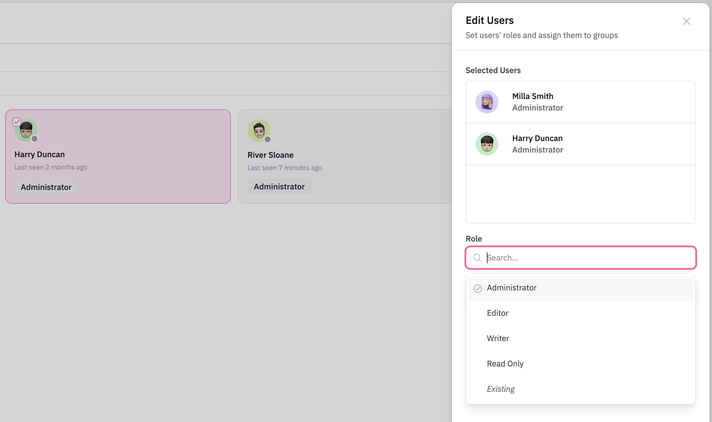 Edit Users modal in HelpDocs showing the role selection dropdown menu
