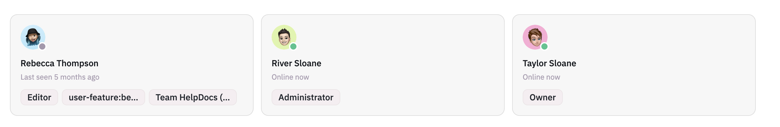 Three user cards showing team members with role badges like Editor, Administrator, and Owner