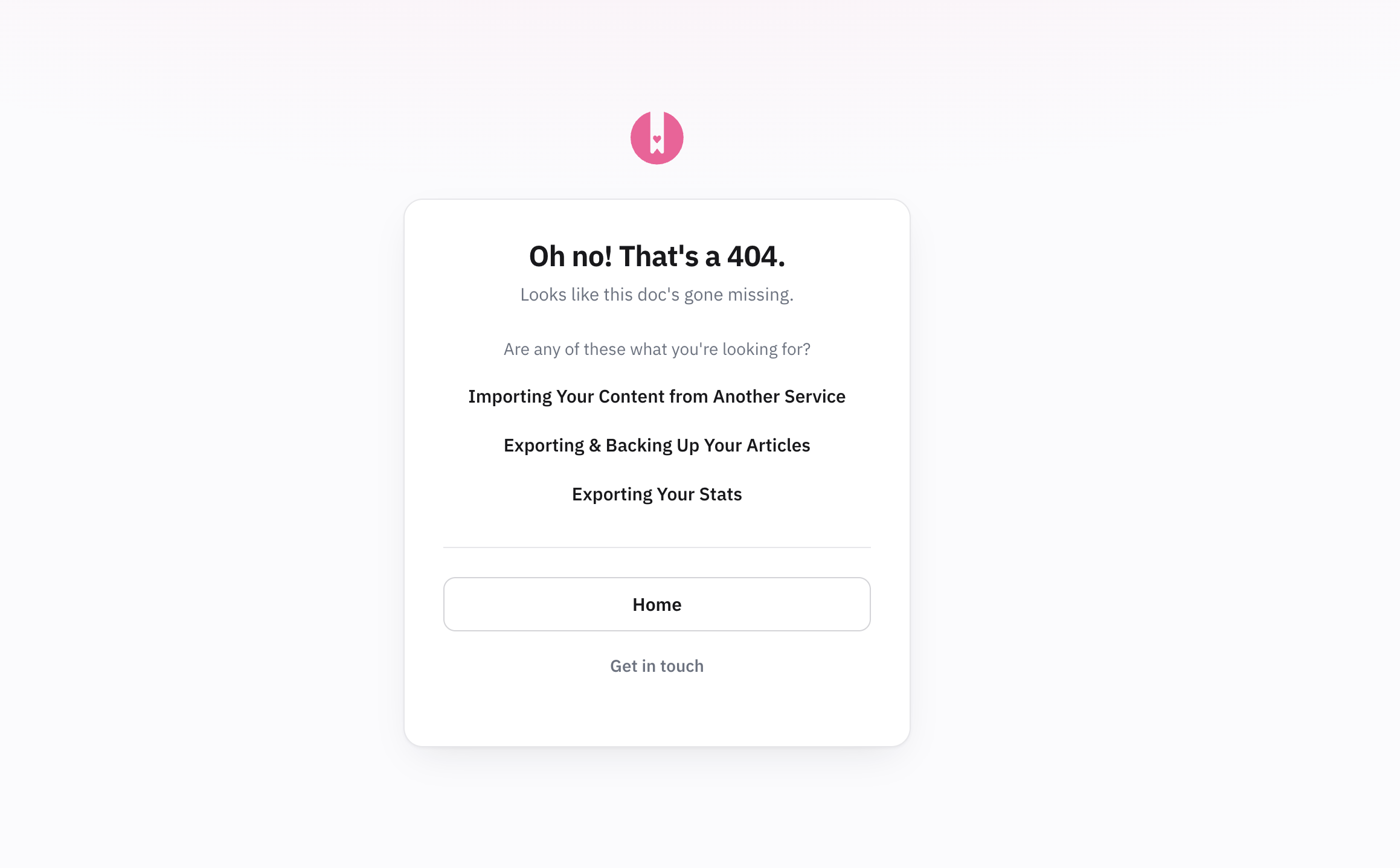 HelpDocs 404 error page suggesting related Knowledge Base articles and navigation buttons