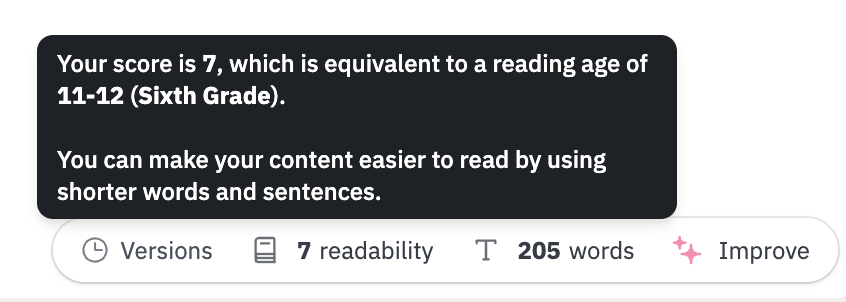 Readability tooltip displaying a score of 7, sixth grade level, alongside word count and version controls.