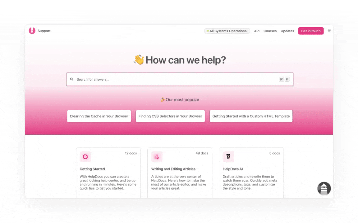 HelpDocs support page showing search bar, popular articles, and category links.