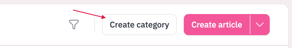 Create category and Create article action buttons with a filter icon in the dashboard toolbar.