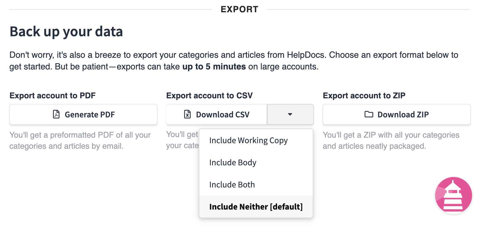 Screenshot of CSV download options