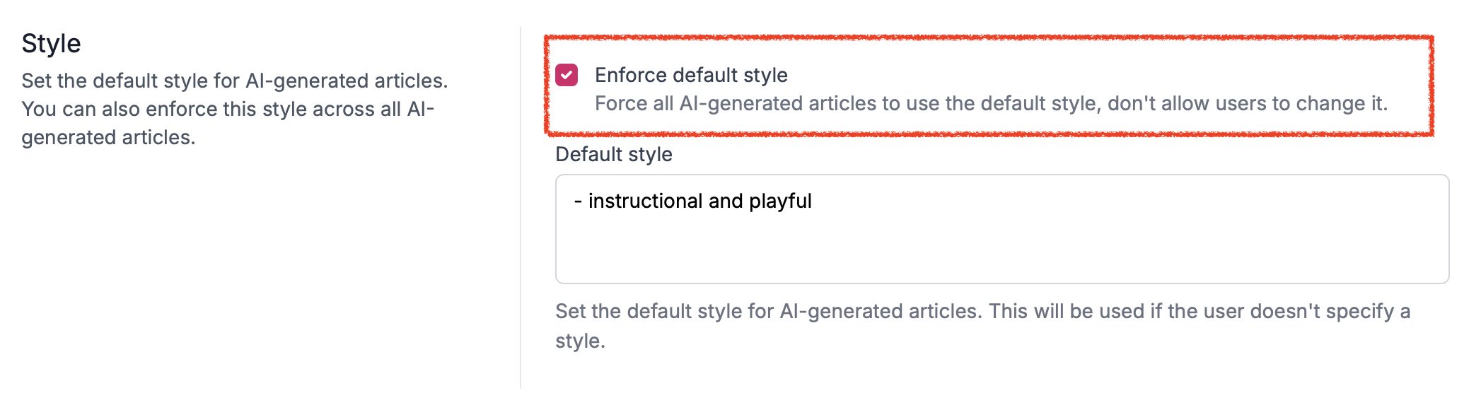 Screenshot of AI Style in Settings with checkbox highlighted.