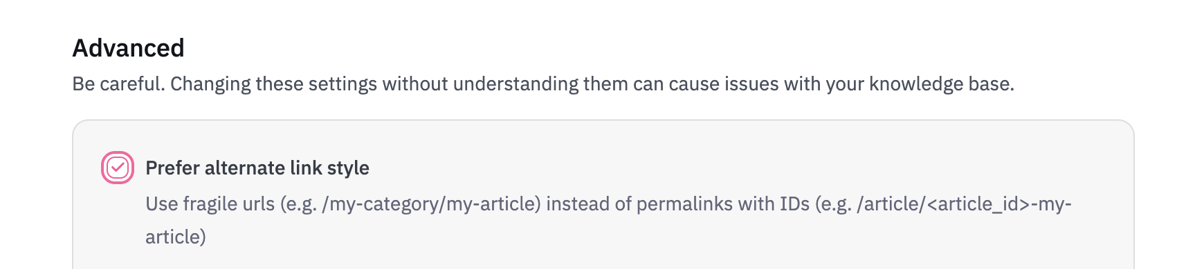 Advanced settings showing the Prefer alternate link style checkbox checked.