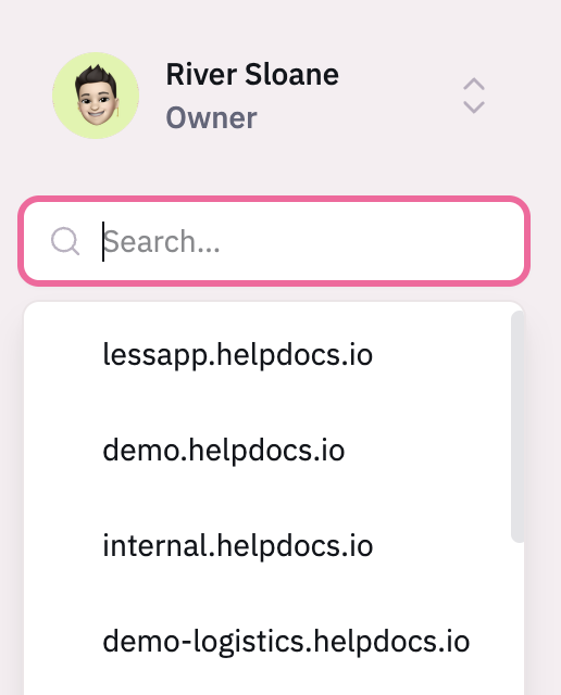 Account switcher dropdown with a pink outline around the search bar and Knowledge Base domains listed