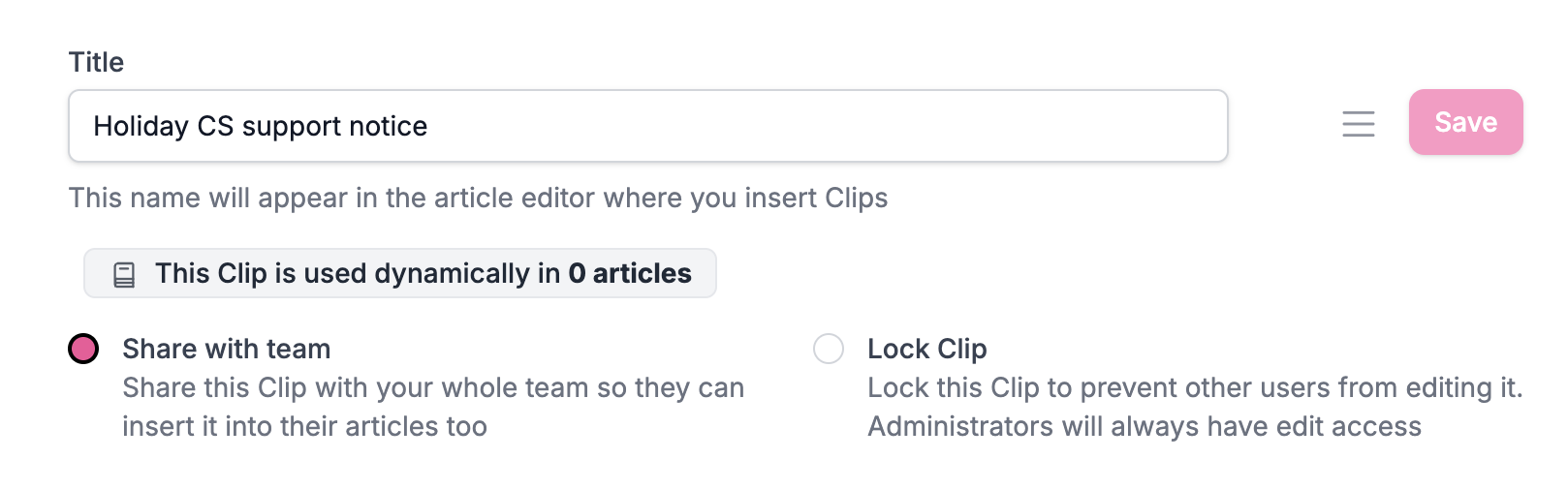 Clip settings with a title, usage info, share option enabled, and lock option.