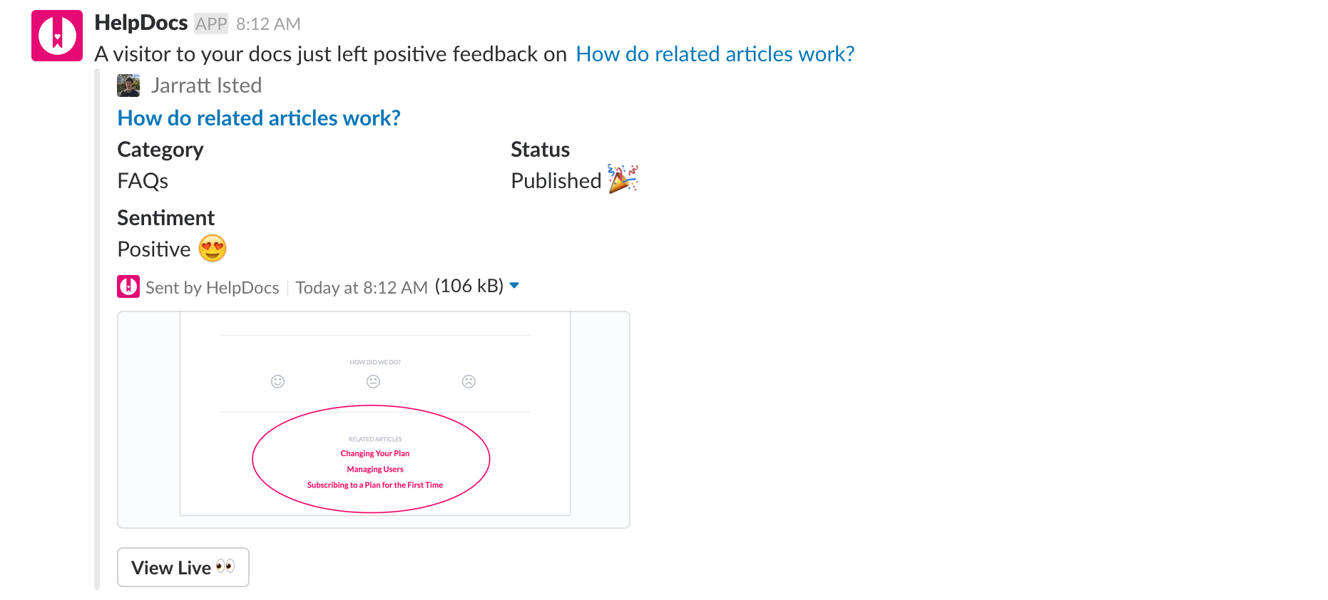 Slack HelpDocs Integration - Feedback notification